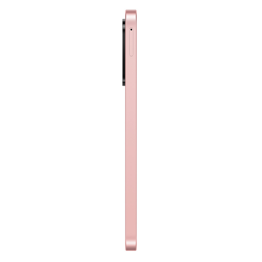 Vista laterale di uno smartphone rosa con modulo fotocamera su sfondo bianco.