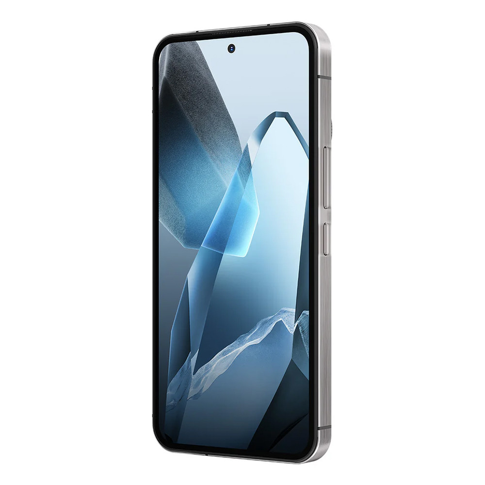 Uno smartphone moderno con cornice argentata, che mostra uno sfondo blu astratto sullo schermo.