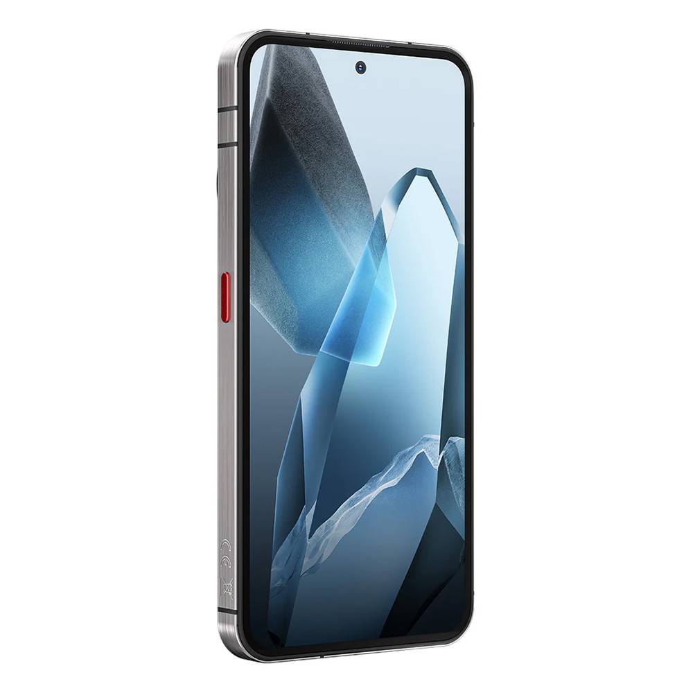Smartphone grigio con pulsante rosso, mostra forme astratte blu e grigie.