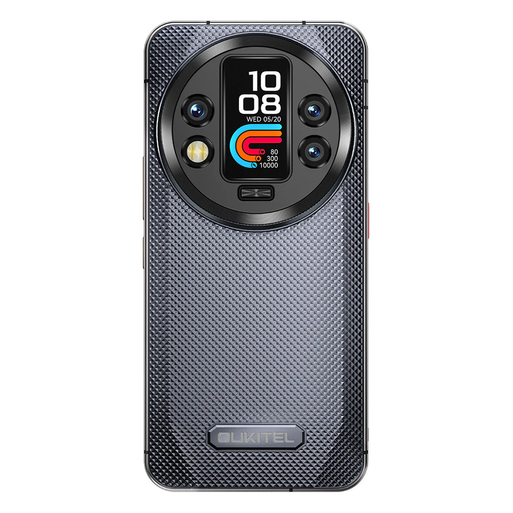 Retro di uno smartphone grigio con quattro fotocamere, flash e display ora.