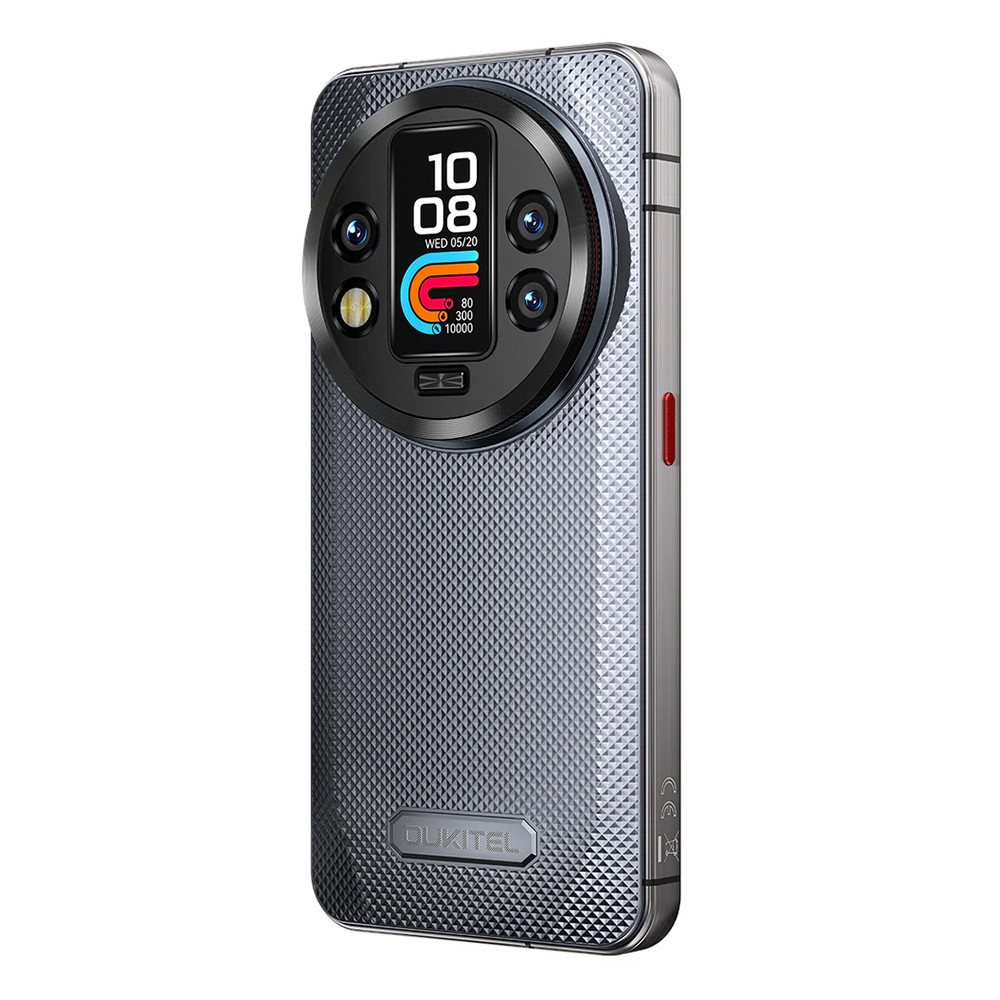 Smartphone grigio con retro testurizzato e disposizione della fotocamera rotonda.