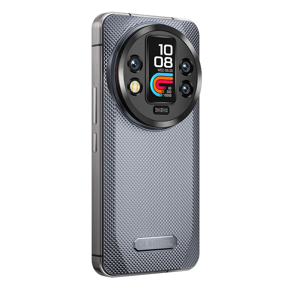 Uno smartphone Oukitel grigio con alloggiamento circolare per fotocamera sul retro.
