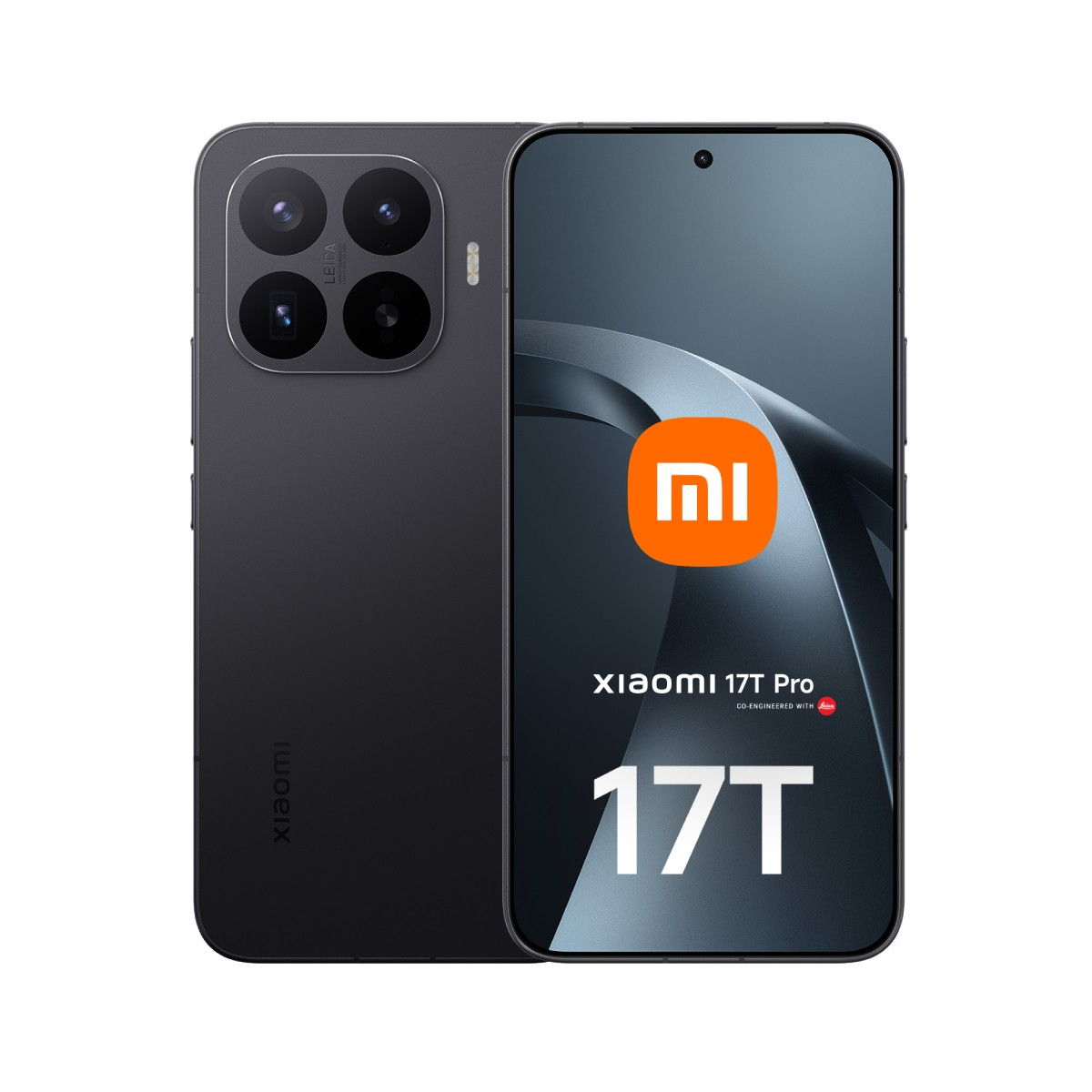 Smartphone grigio scuro Xiaomi 17T Pro con fotocamera Leica e logo Mi arancione.