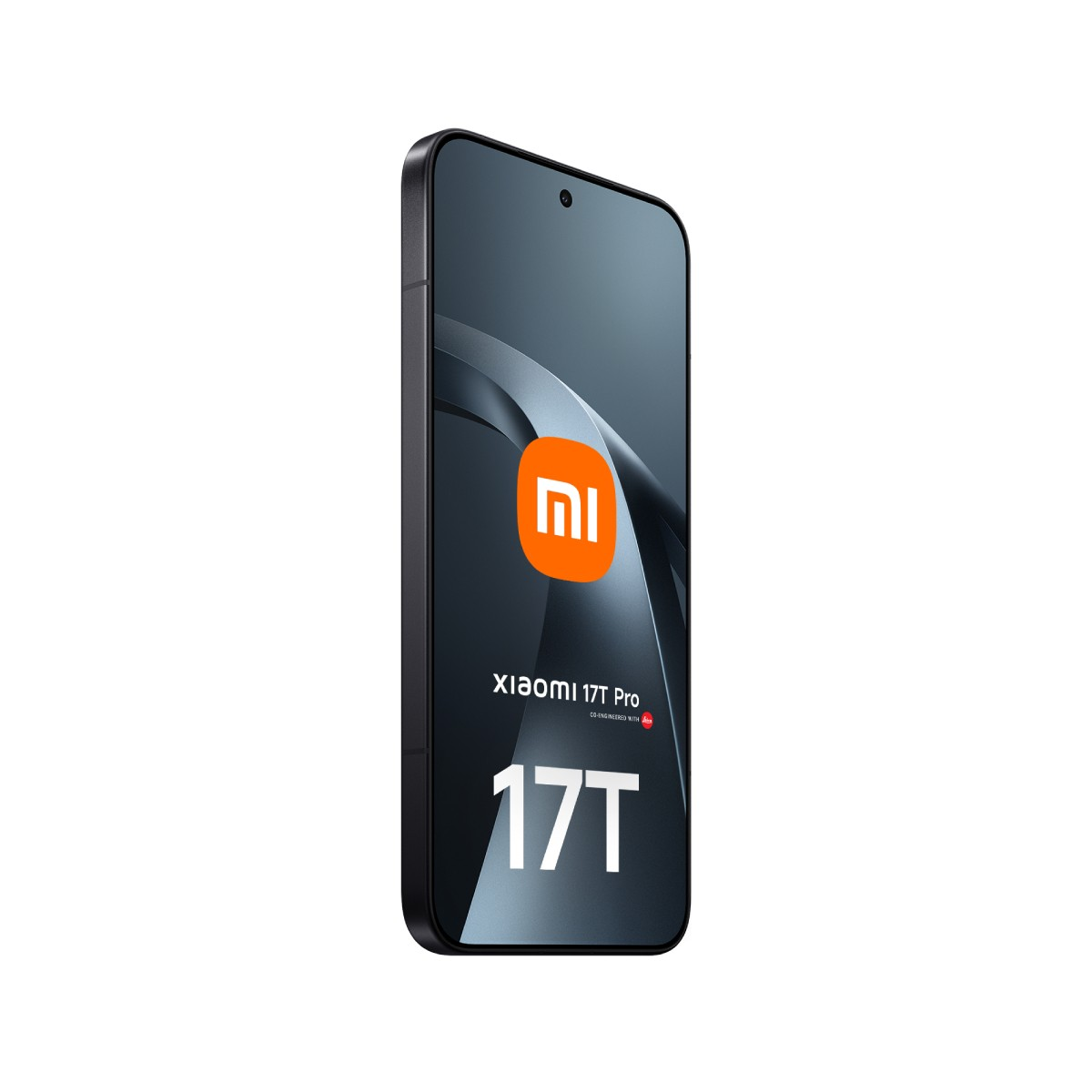 Uno smartphone Xiaomi 17T Pro nero con logo e testo arancioni.