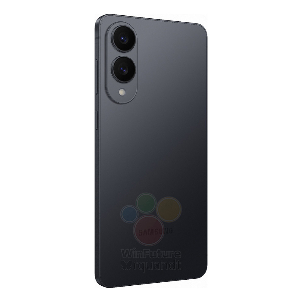 Smartphone grigio scuro, vista posteriore, doppia fotocamera, logo Samsung, sfondo bianco.