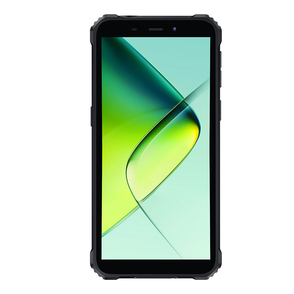 Uno smartphone nero con uno sfondo verde e giallo. Si trova su sfondo bianco.