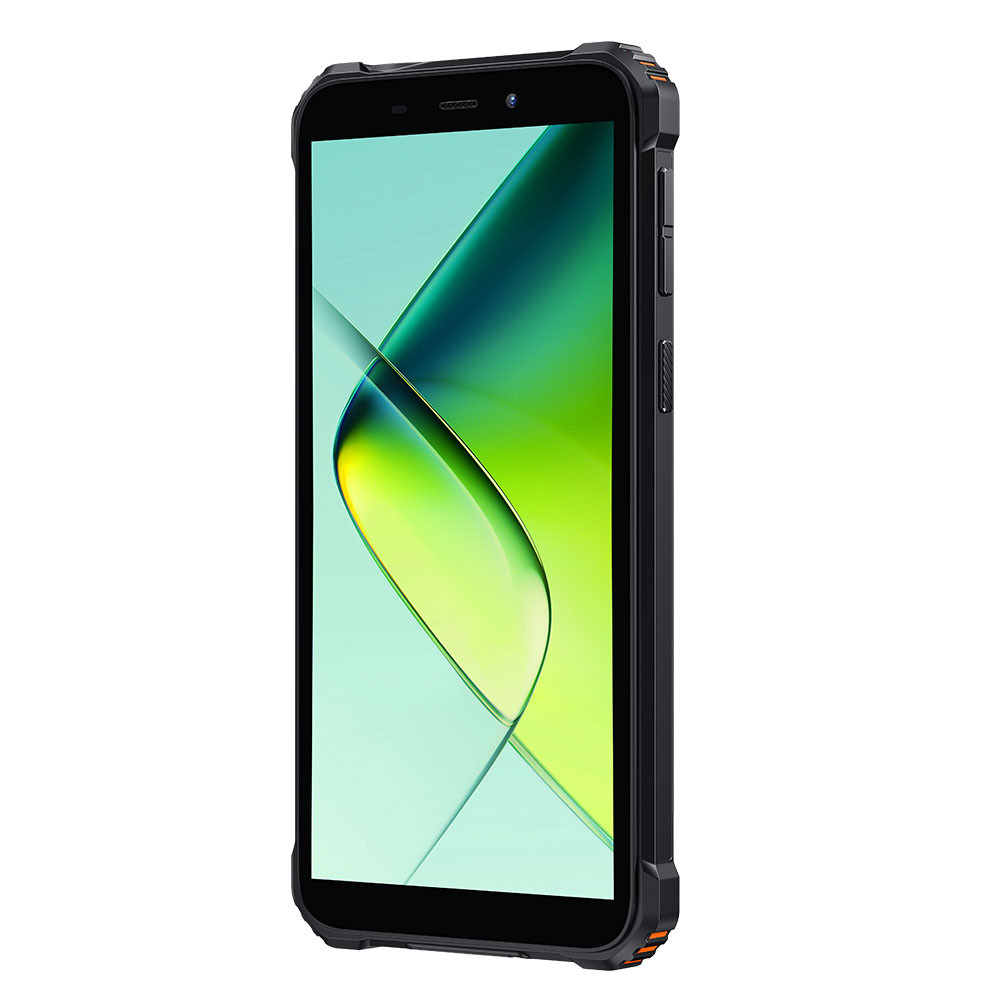 Smartphone nero con sfondo blu-verde e accenti arancioni sul lato.