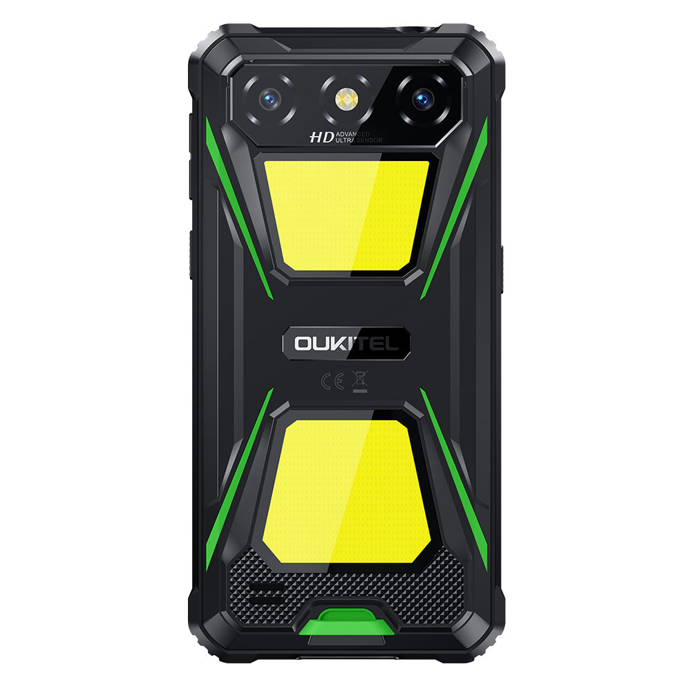 Telefono OUKITEL nero con accenti verdi, doppia fotocamera e due pannelli luminosi gialli.