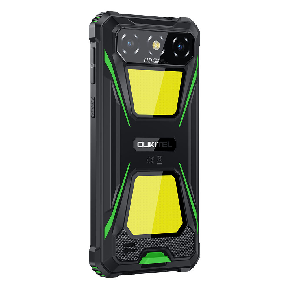 Smartphone OUKITEL nero con accenti verdi e due luci gialle.