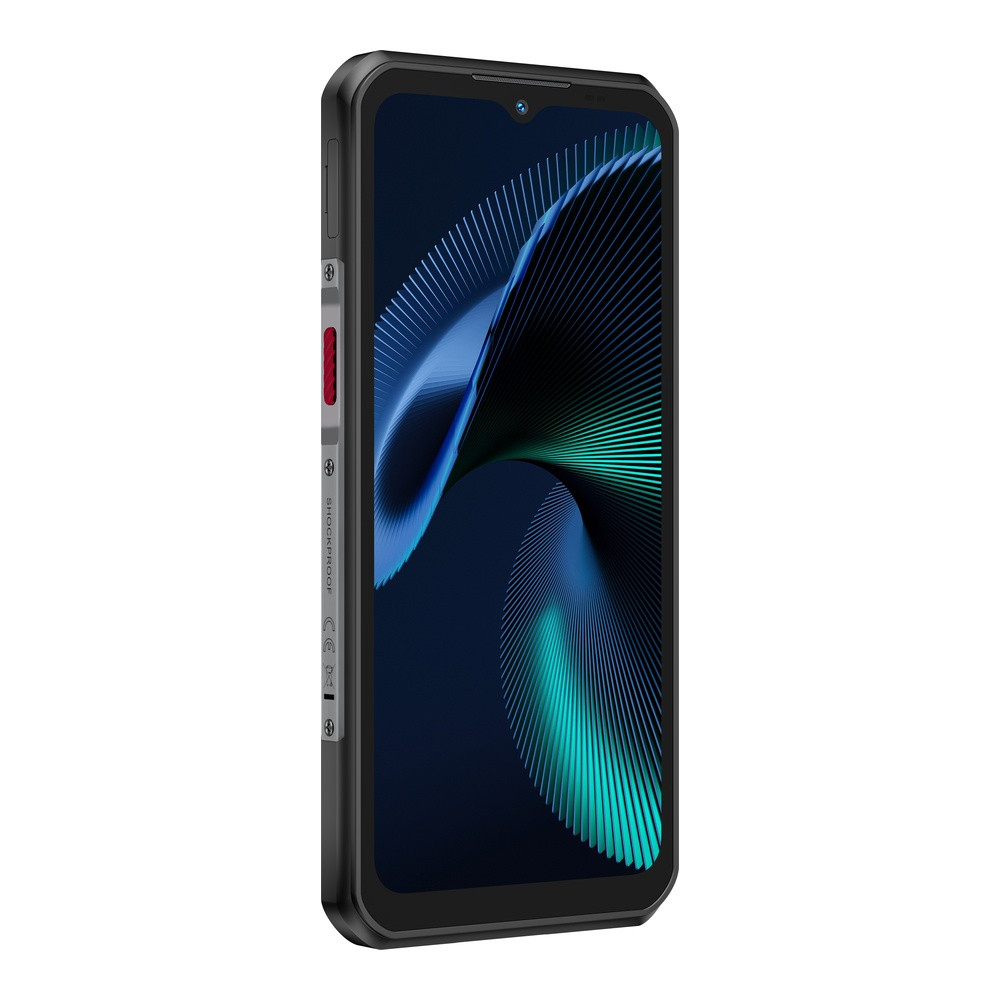 Uno smartphone robusto con scocca nera e sfondo blu.