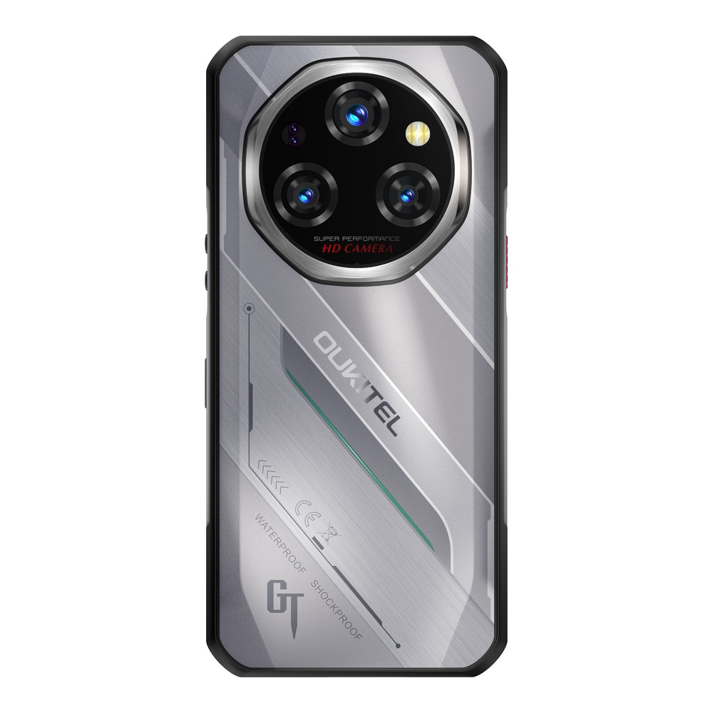 Retro di uno smartphone argentato con tre fotocamere e logo OUKITEL.