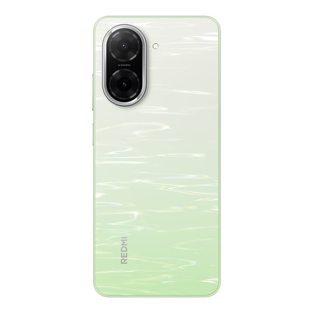 Retro di uno smartphone verde chiaro con due fotocamere e logo REDMI.