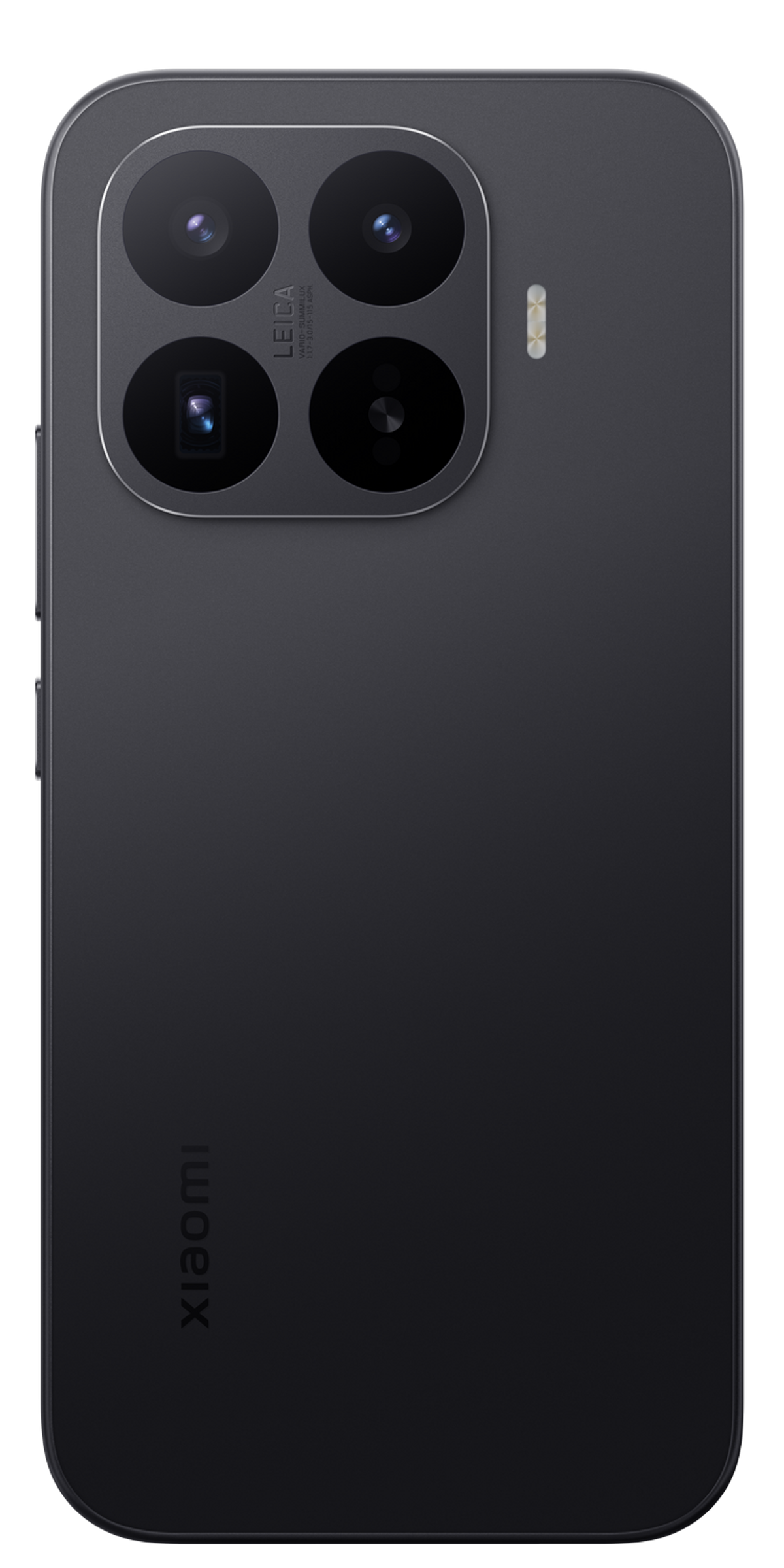 Dunkelgraues Smartphone-Rückseite mit vierfacher Leica-Kamera und Xiaomi-Logo.