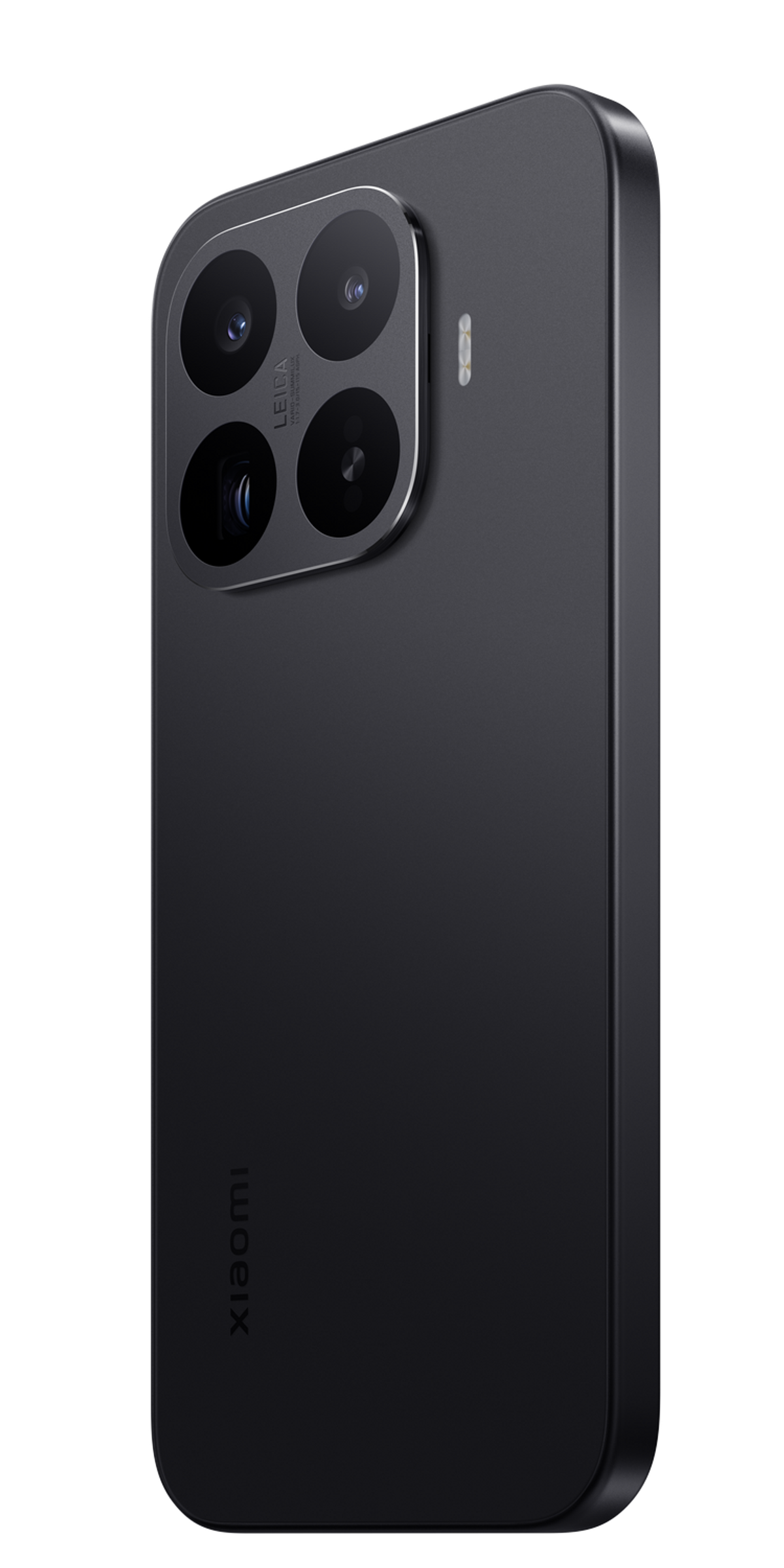Schwarzes Smartphone mit Leica-Kamera-Modul auf der Rückseite und Xiaomi-Logo.