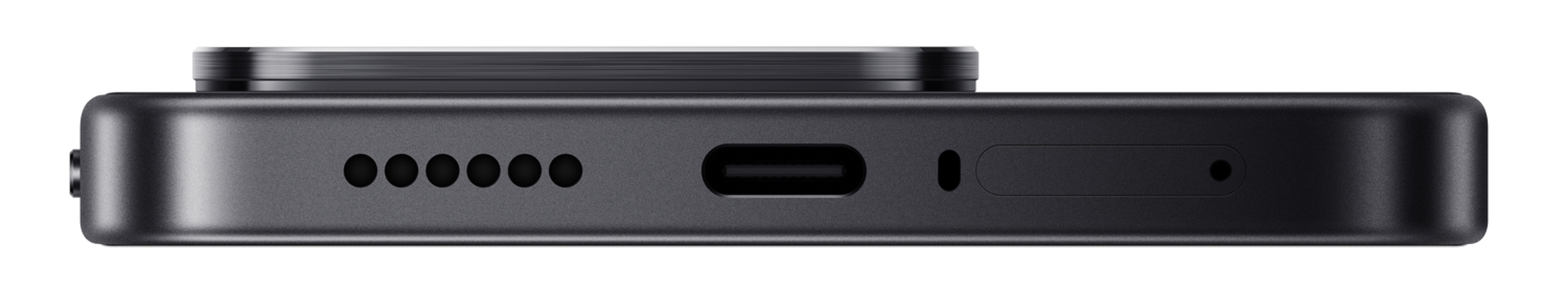Detailansicht der Unterseite eines schwarzen Smartphones mit USB-C-Anschluss.
