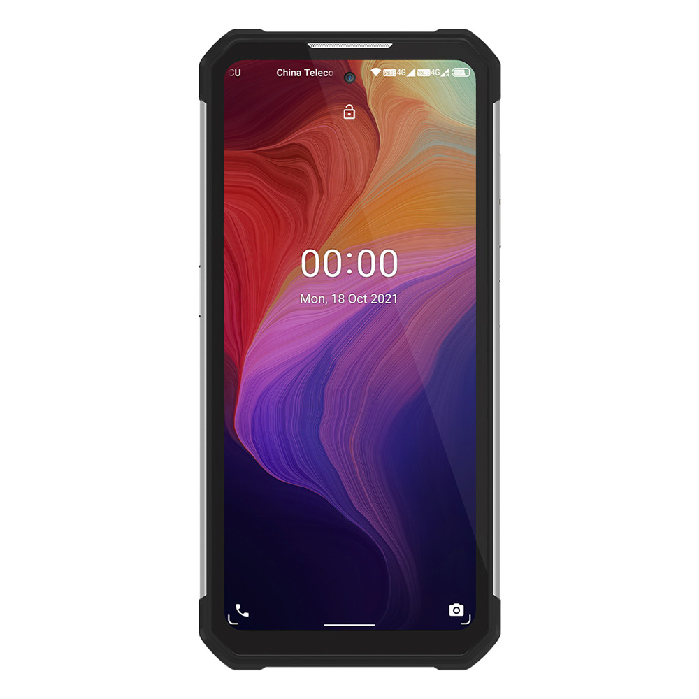 Smartphone robusto con schermata di blocco colorata e ora 00:00.