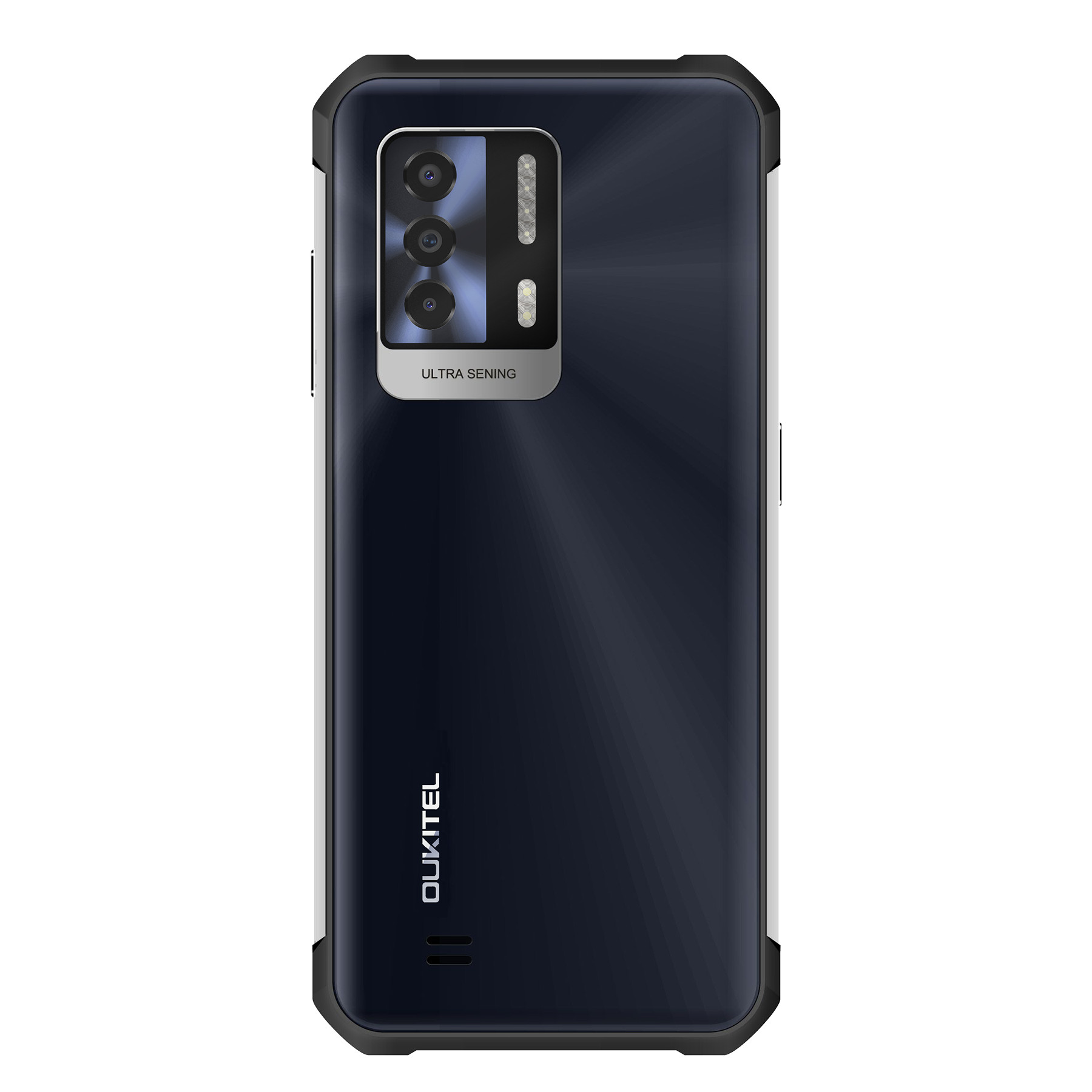 Smartphone blu scuro con tripla fotocamera e flash.