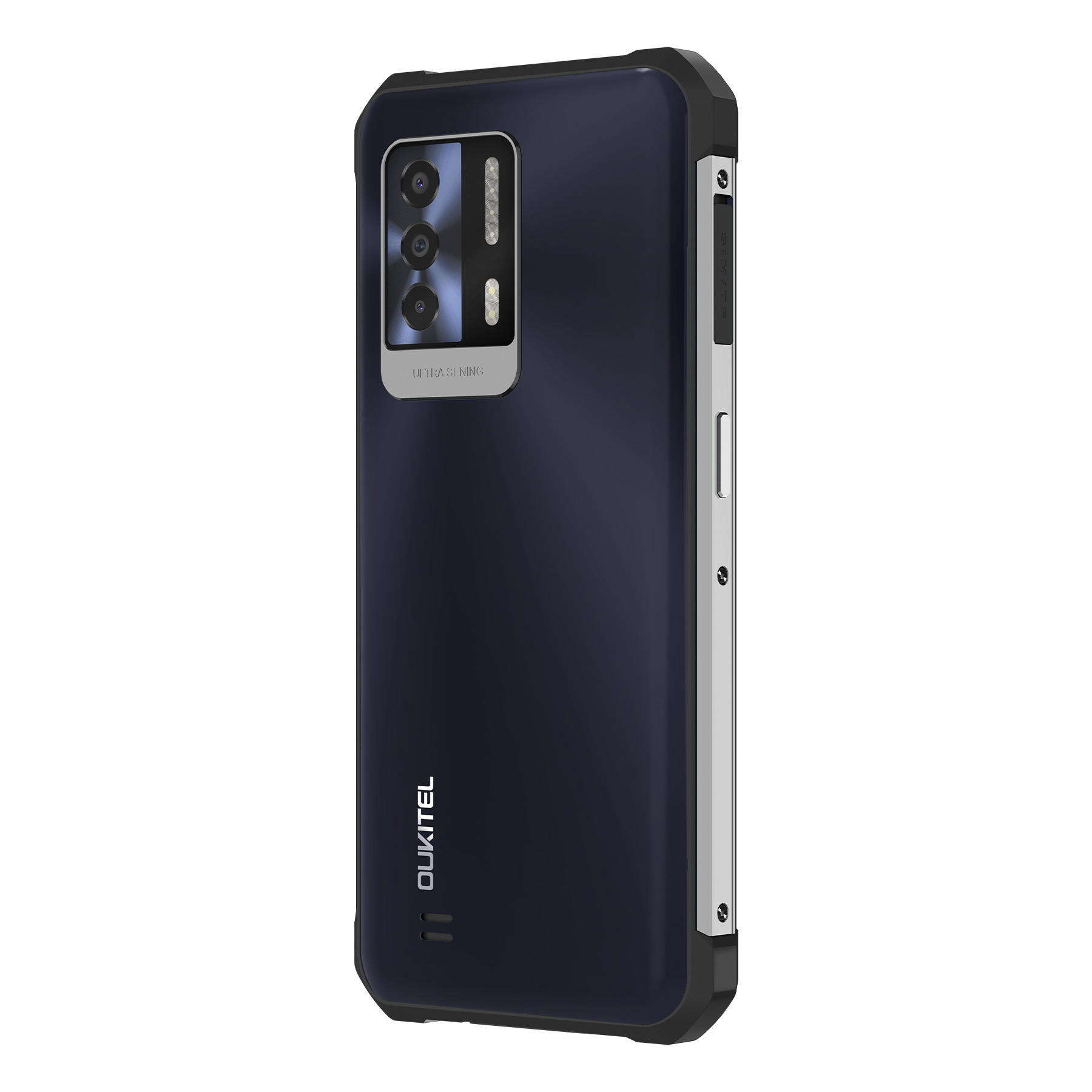 Smartphone blu scuro con cornice argentata e tre fotocamere posteriori.