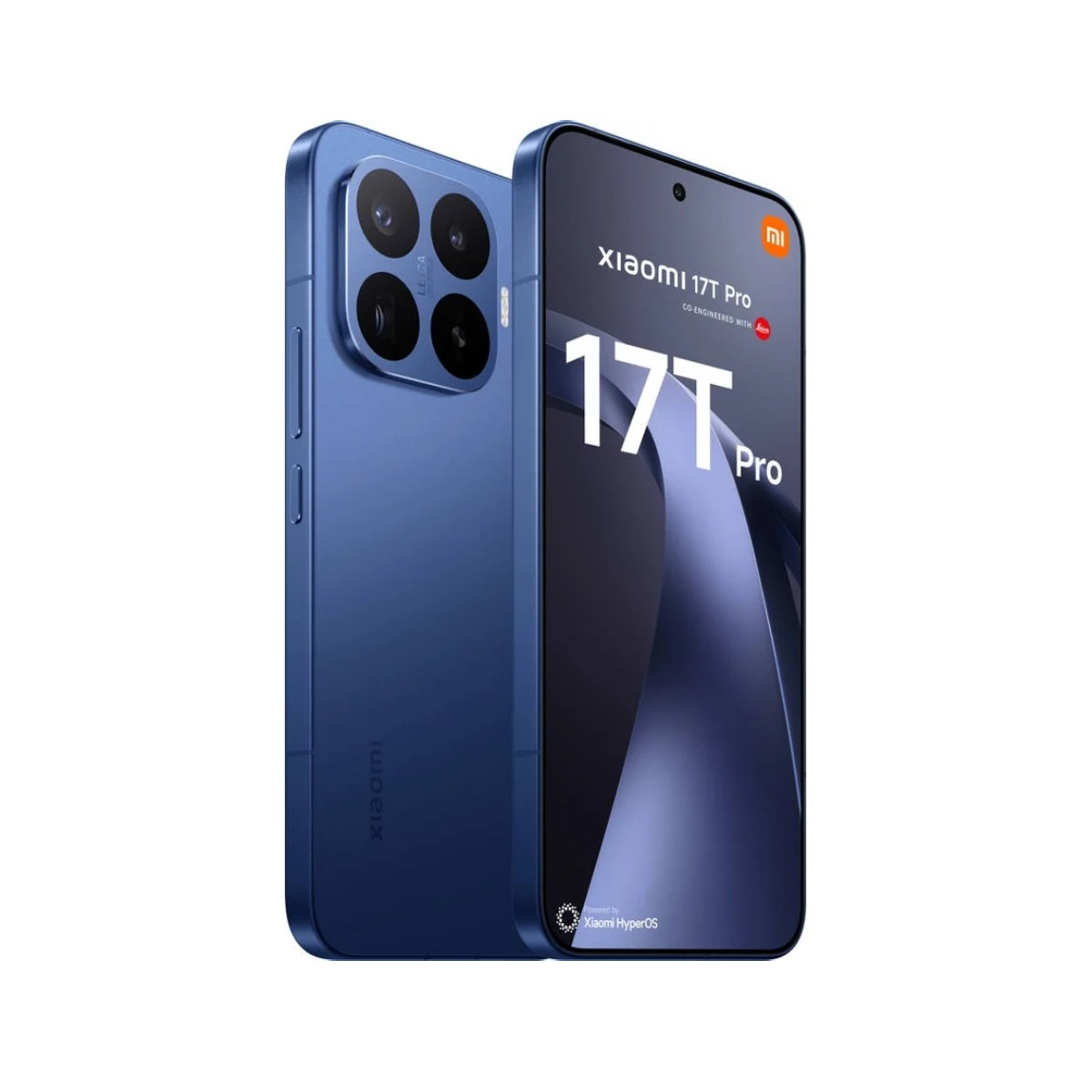 Blaues Xiaomi 17T Pro Smartphone mit Leica-Kamera-Setup, weißer Hintergrund.