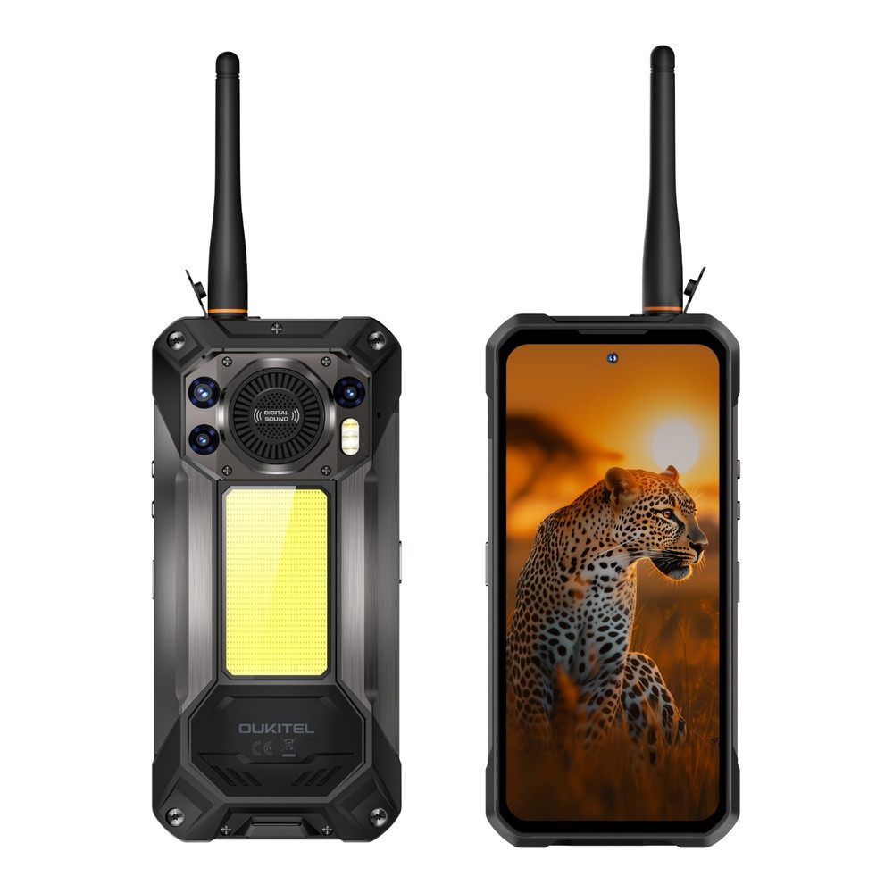 Telefono robusto con antenna, fotocamere, luce brillante. Schermo mostra leopardo al tramonto.