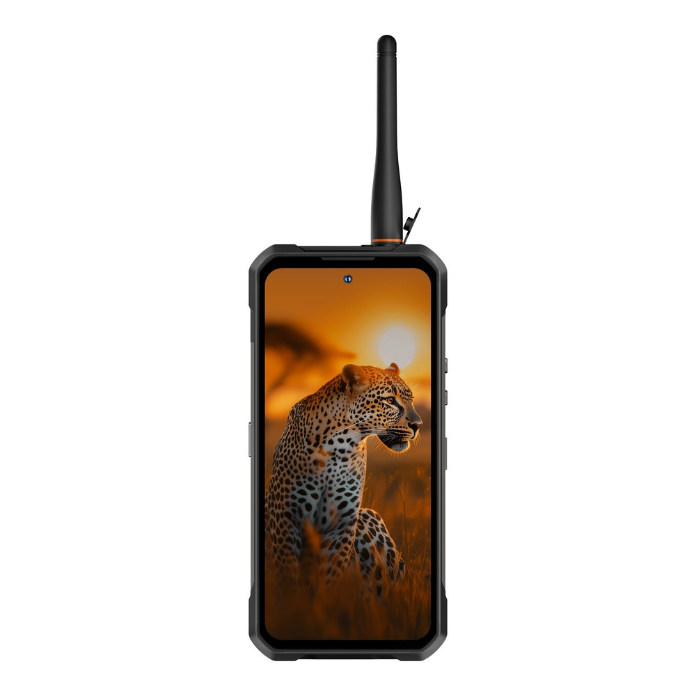 Telefono robusto con antenna mostra leopardo al tramonto sullo schermo.
