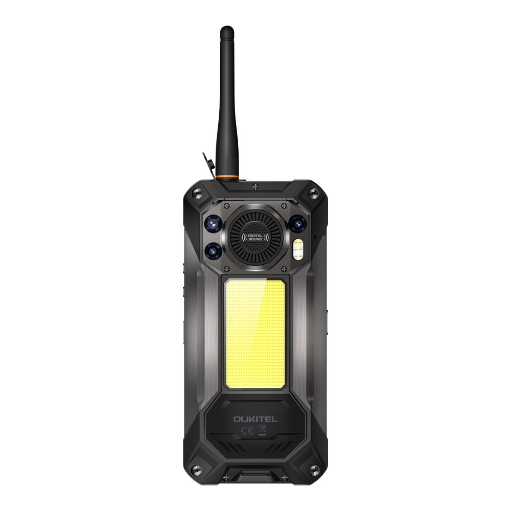 Uno smartphone robusto nero con antenna, fotocamere, altoparlante e una grande torcia gialla.