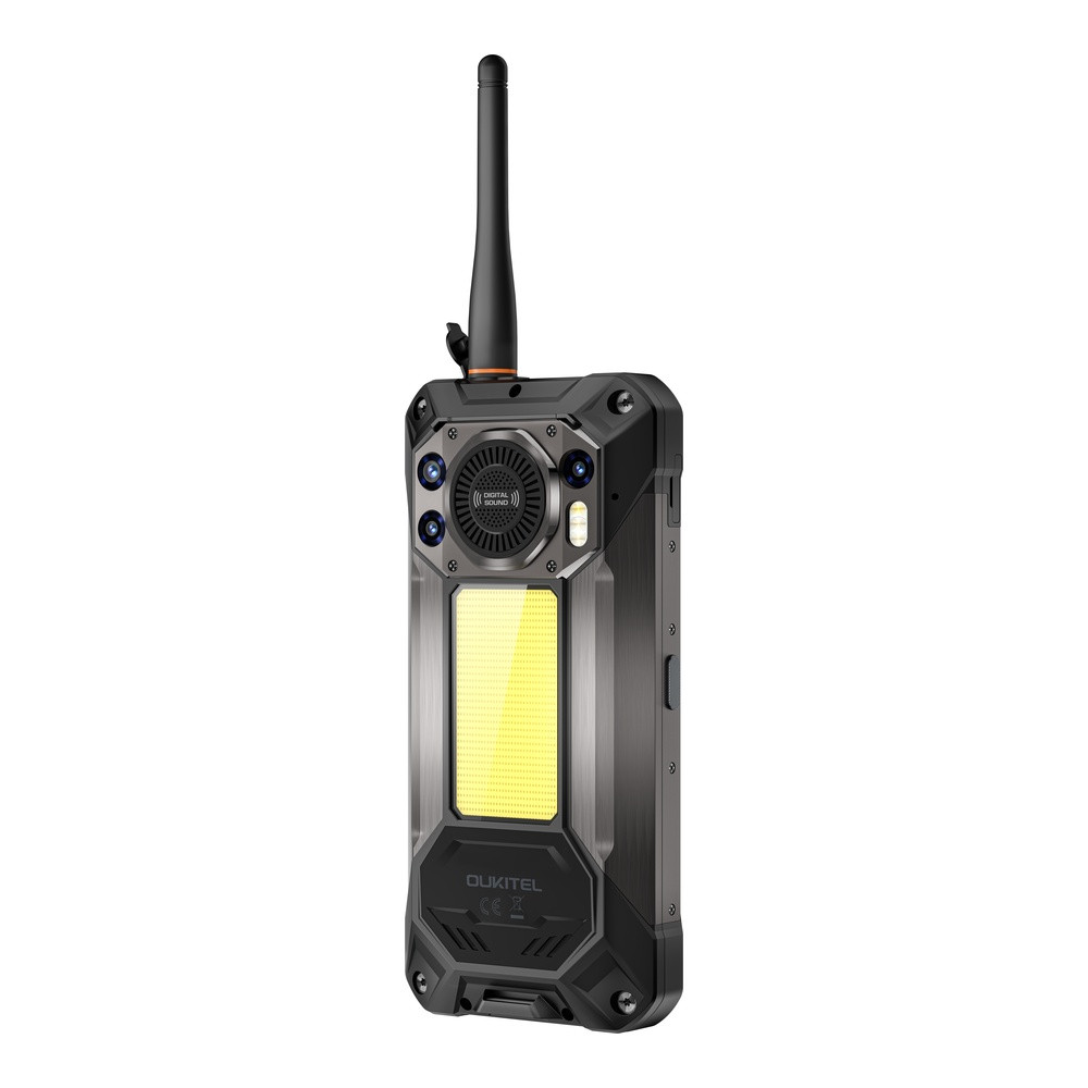 Uno smartphone robusto con antenna, fotocamere multiple e luce brillante.
