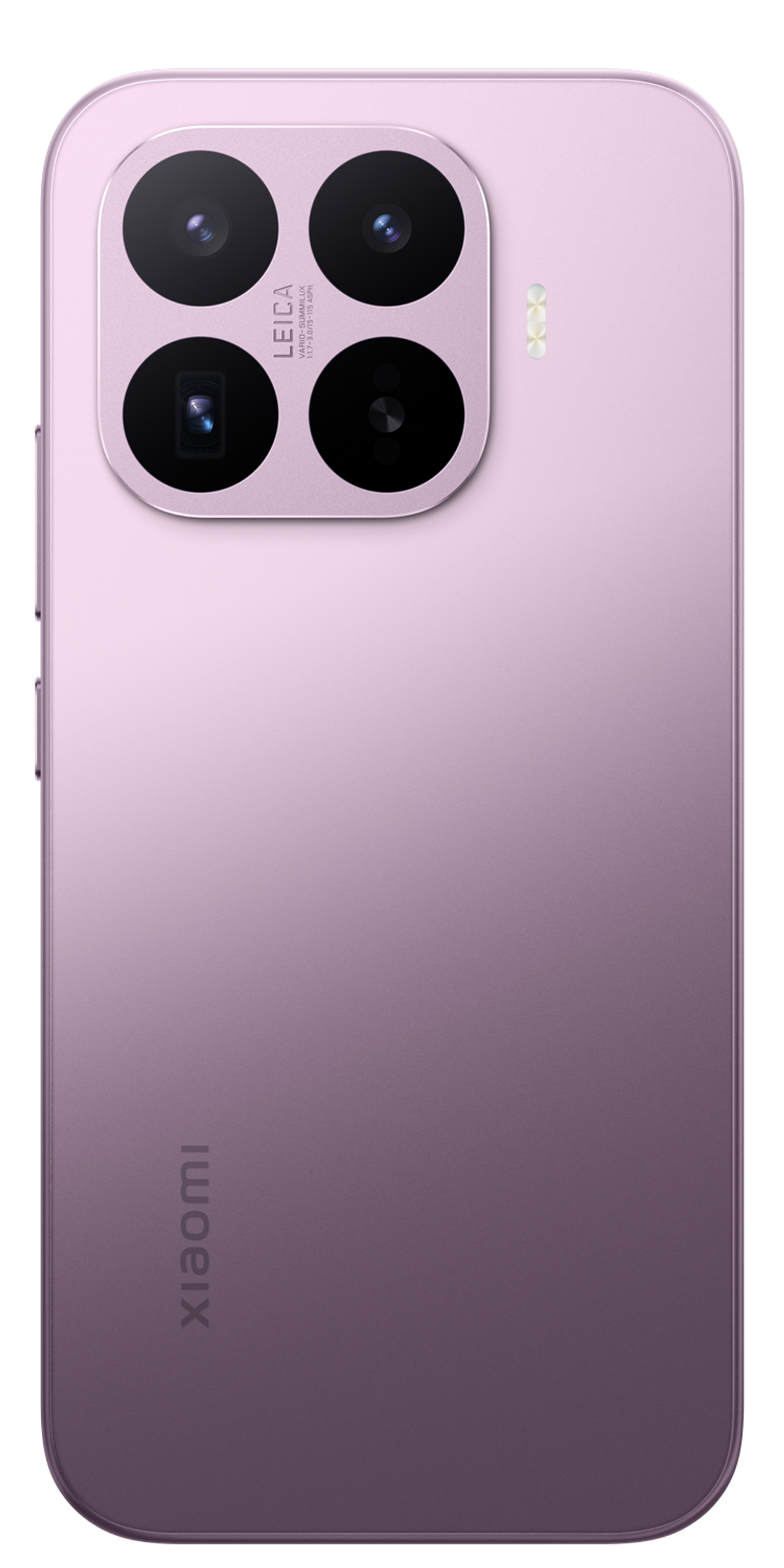 Rückseite eines violetten Smartphones mit vier Kameras und Xiaomi-Logo.