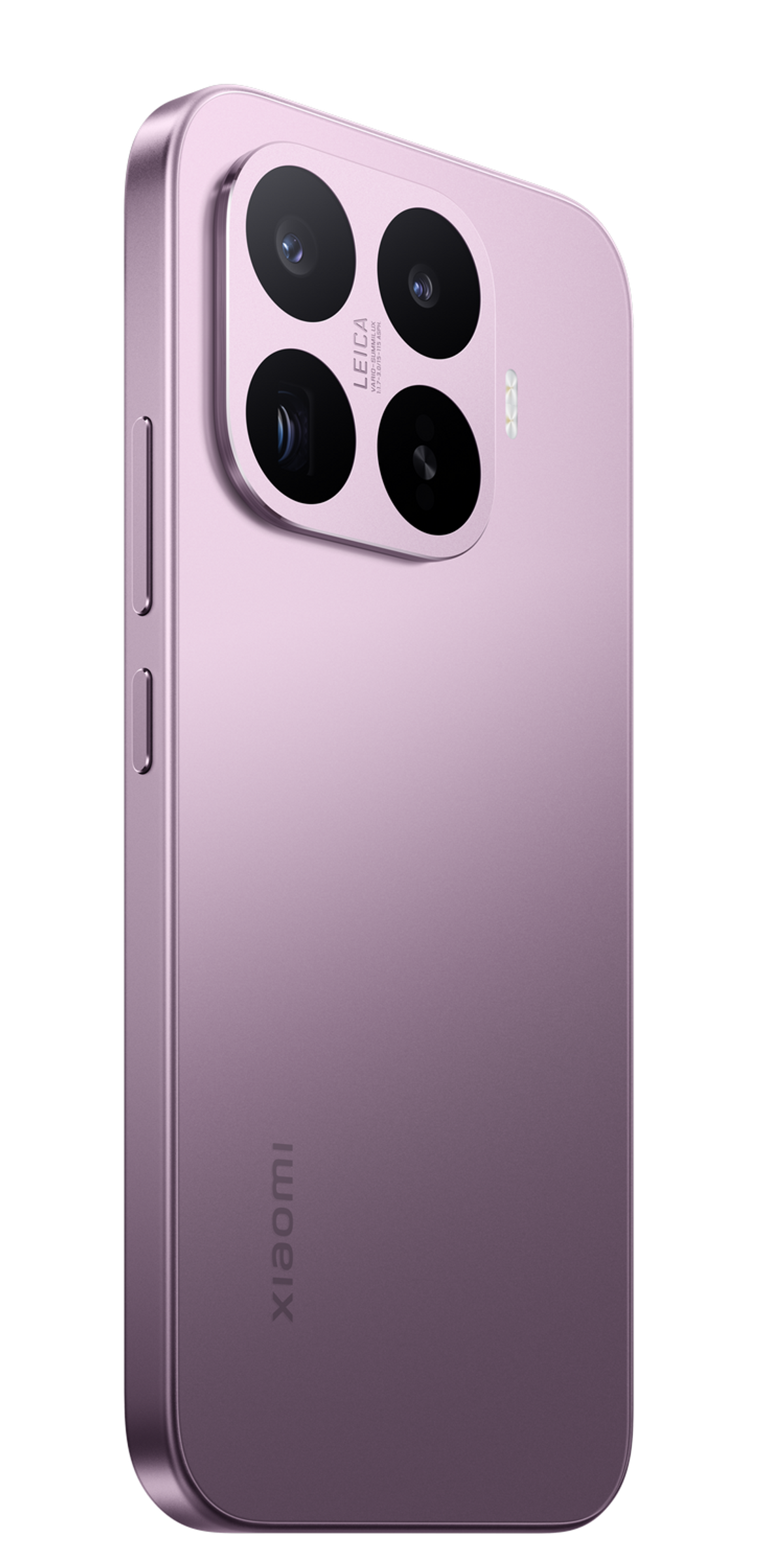 Ein lilafarbenes Smartphone mit vier Kameras und Leica-Schriftzug auf schwarzem Hintergrund.