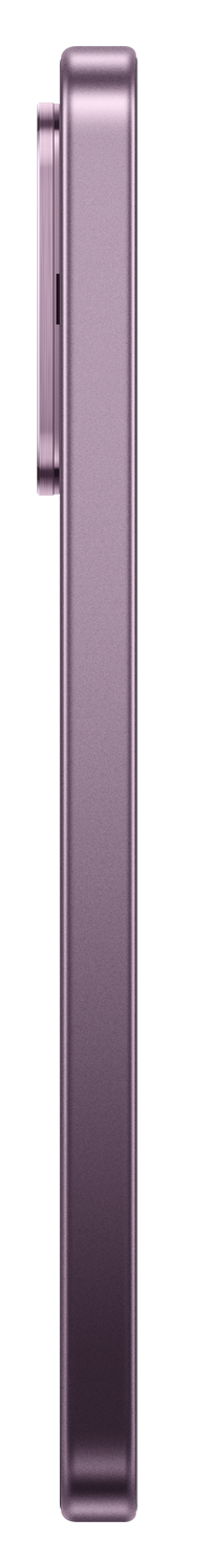 Ein lila Smartphone auf schwarzem Hintergrund, von der Seite gezeigt.
