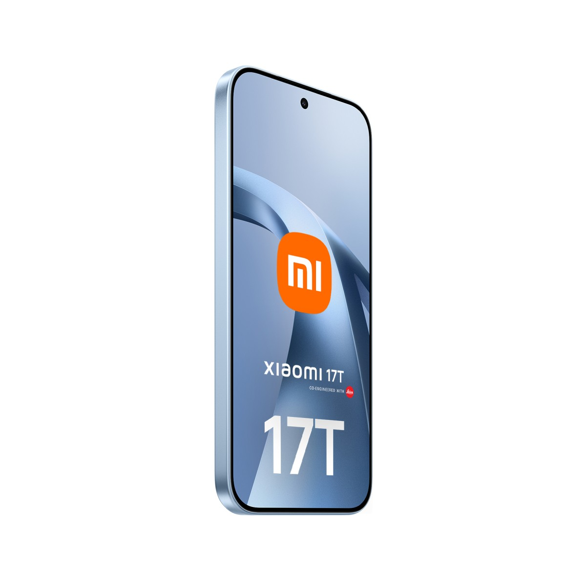 Ein hellblaues Xiaomi 17T Smartphone mit dem Mi-Logo auf dem Bildschirm.