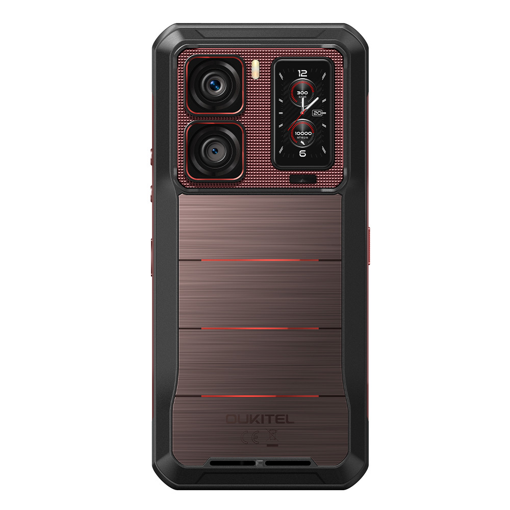 Uno smartphone robusto, marrone scuro con array di fotocamere e quadrante digitale.