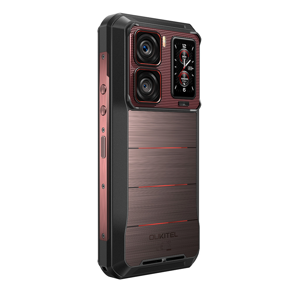 Smartphone robusto con doppia fotocamera, finitura metallica e pulsanti laterali.