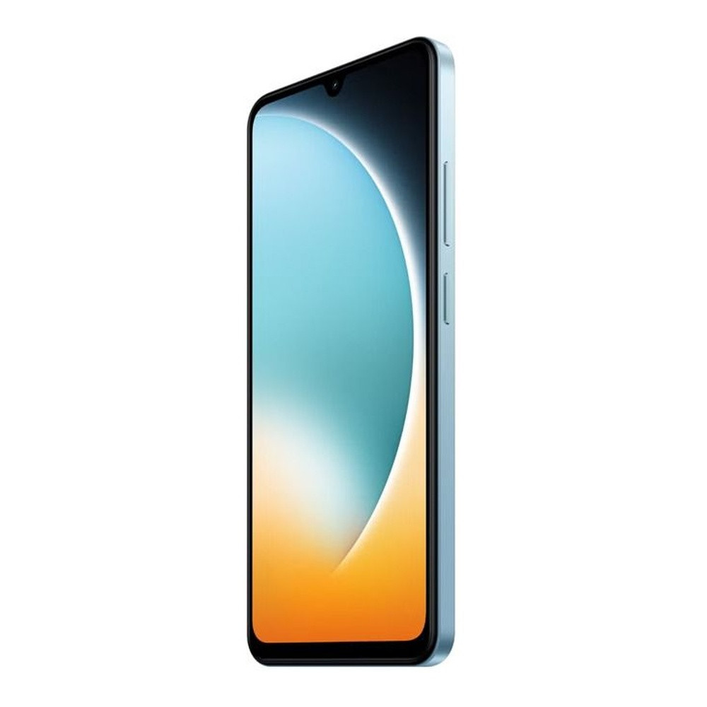 Uno smartphone azzurro con display sfumato, mostrato di lato.