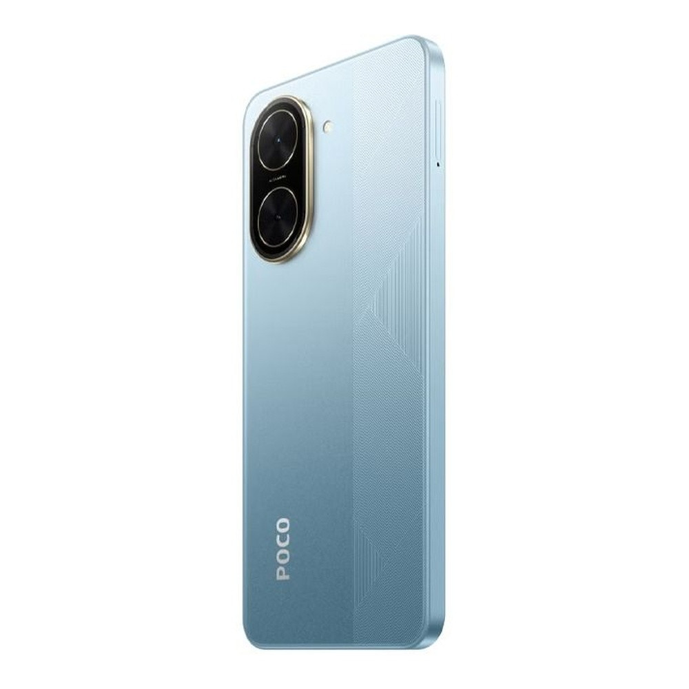 Uno smartphone azzurro con doppia fotocamera e logo POCO.