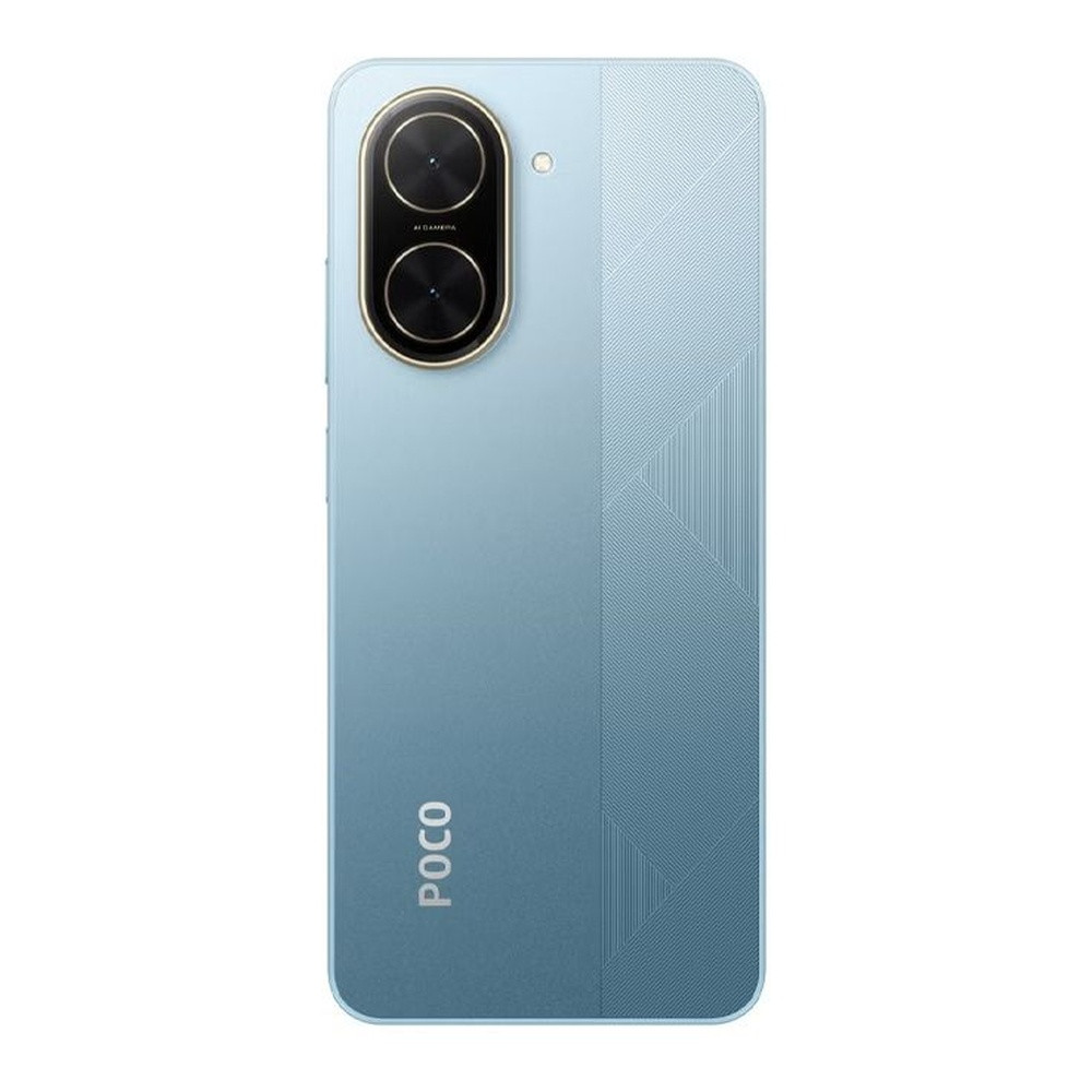 Retro di uno smartphone blu con doppia fotocamera e logo POCO.