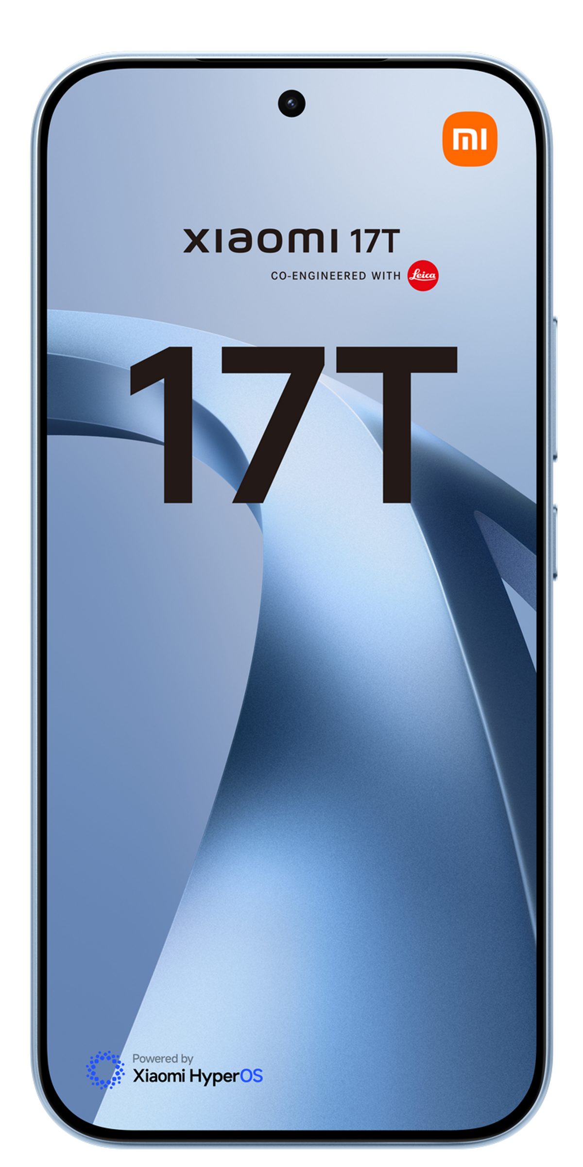 Xiaomi 17T Smartphone mit Leica-Kooperation und HyperOS-Logo auf blauem Hintergrund.