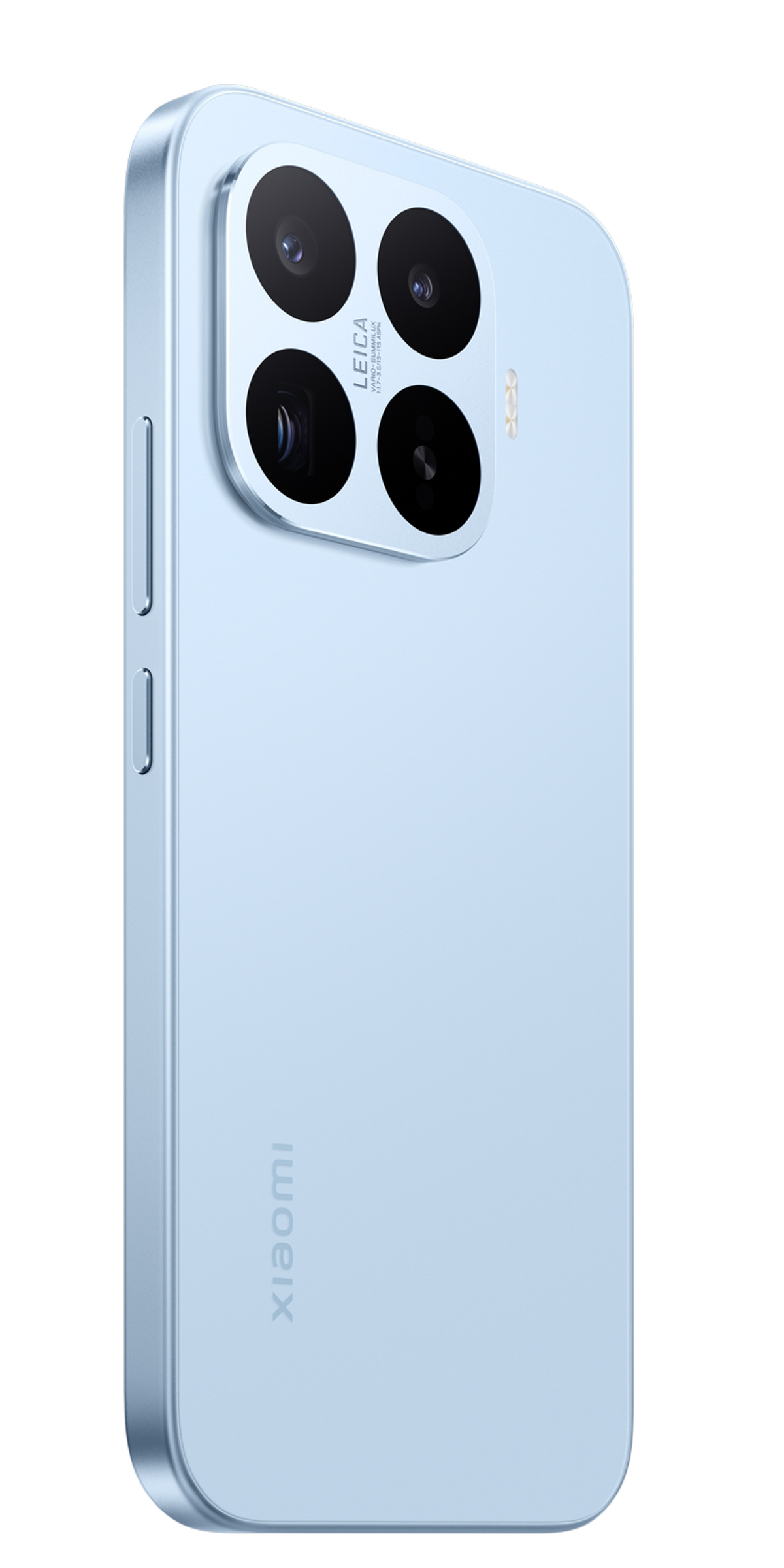 Ein hellblaues Xiaomi-Handy mit Leica-Kameramodul ist von hinten gezeigt.