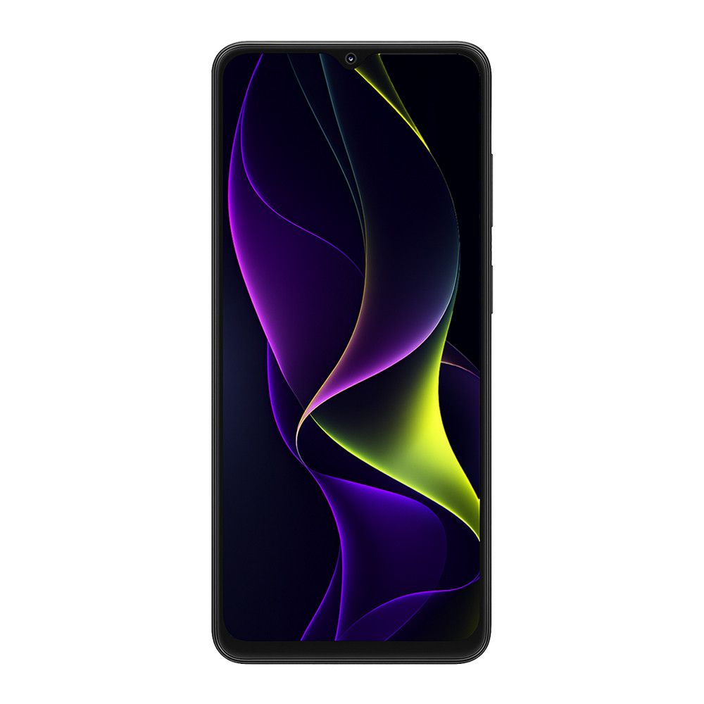 Uno smartphone nero con sfondo scuro e forme viola e gialle fluide.
