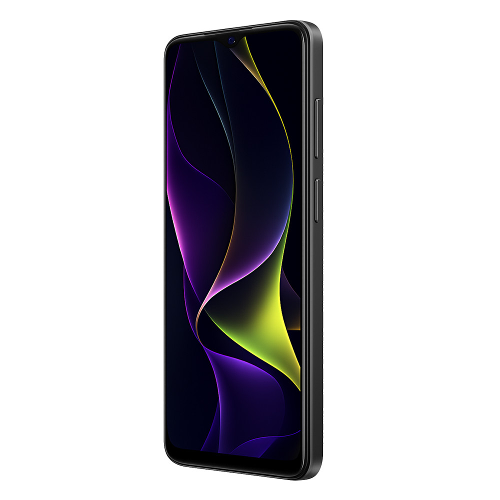 Smartphone nero con sfondo scuro e motivi colorati e fluidi.