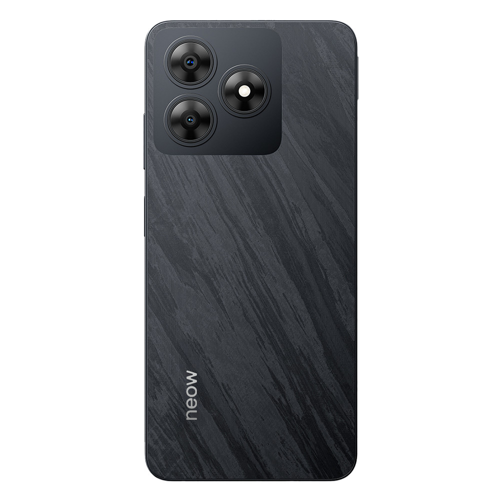 Retro smartphone grigio scuro con tre fotocamere e motivo.