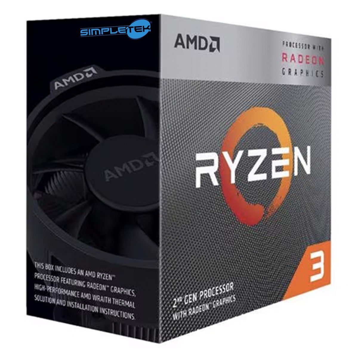 AMD Ryzen 3 CPU kutusu, fan ve metin içerir.