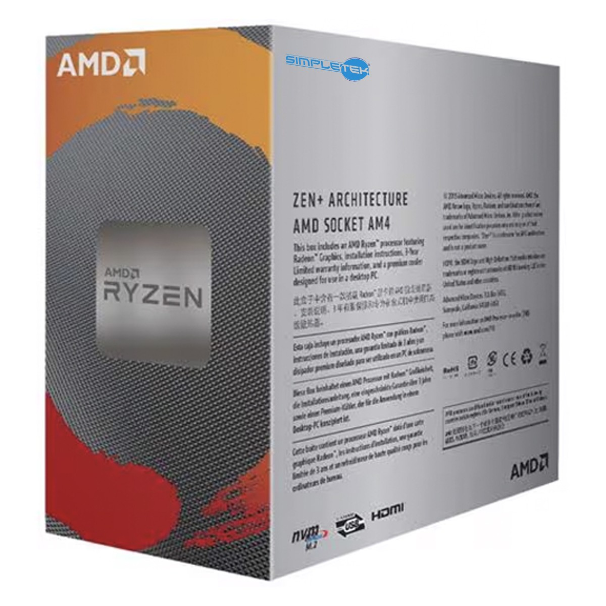 Zen+ mimarili, AM4 soketli AMD Ryzen CPU kutusu. Turuncu ve gri.