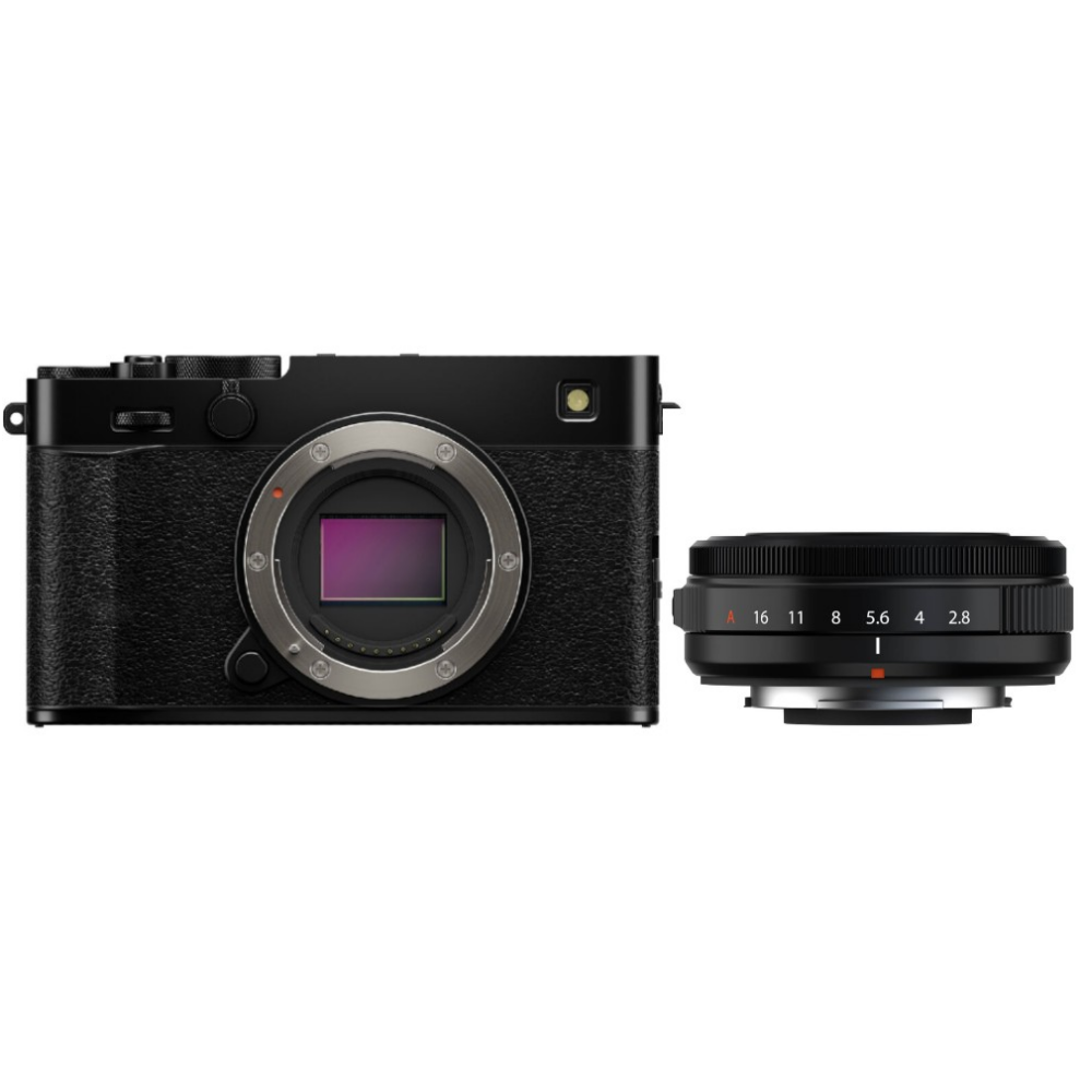 Een zwarte digitale camera met een lens ernaast die f-getallen toont.