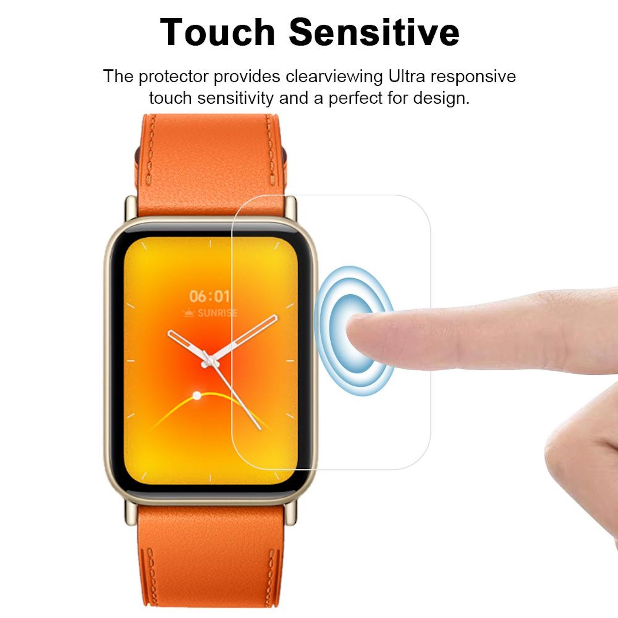 Eine Hand berührt einen Touchscreen-Schutz auf einer Smartwatch mit orangefarbenem Armband.