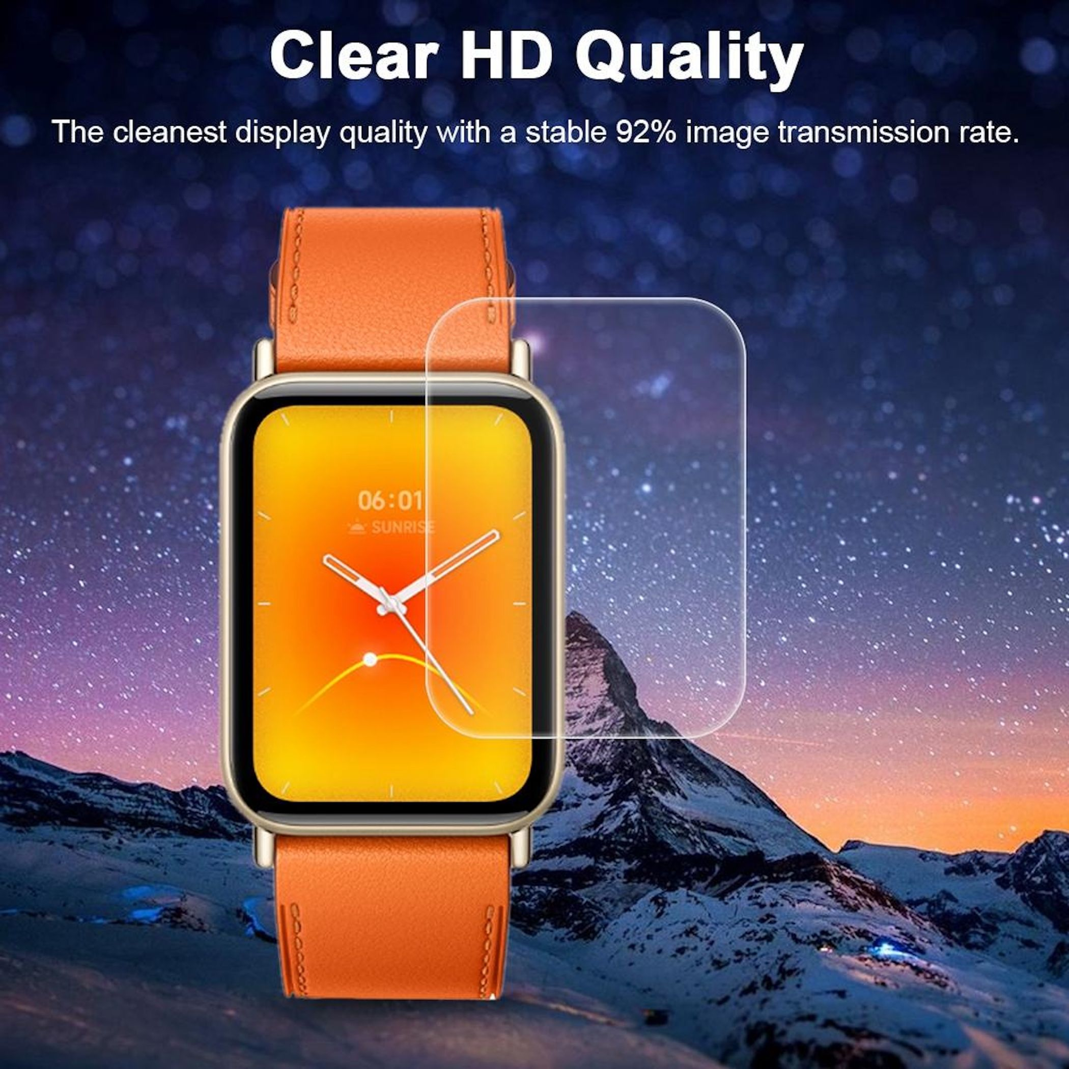 Eine Smartwatch mit orangem Armband und einer Displayschutzfolie vor Bergen.