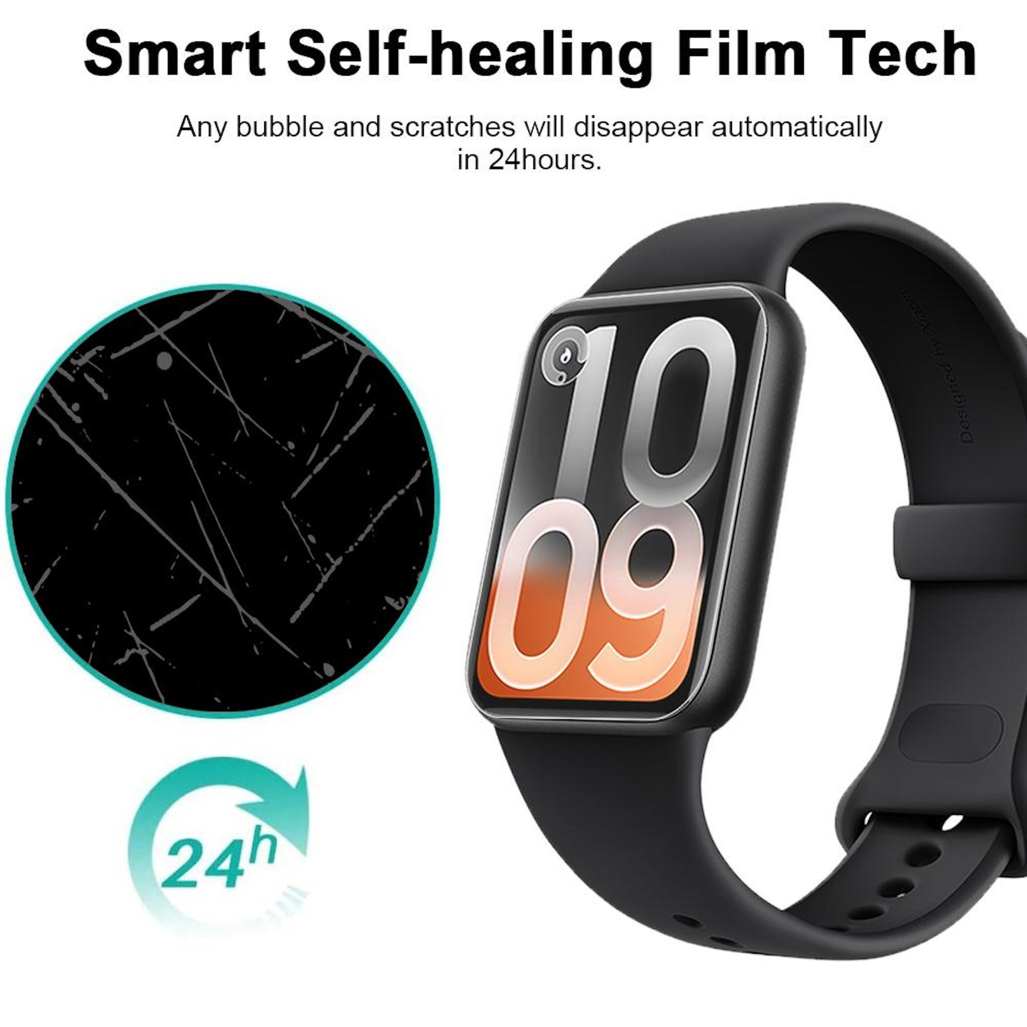 Smartwatch mit zerkratzter runder Folie links und 24h-Symbol.