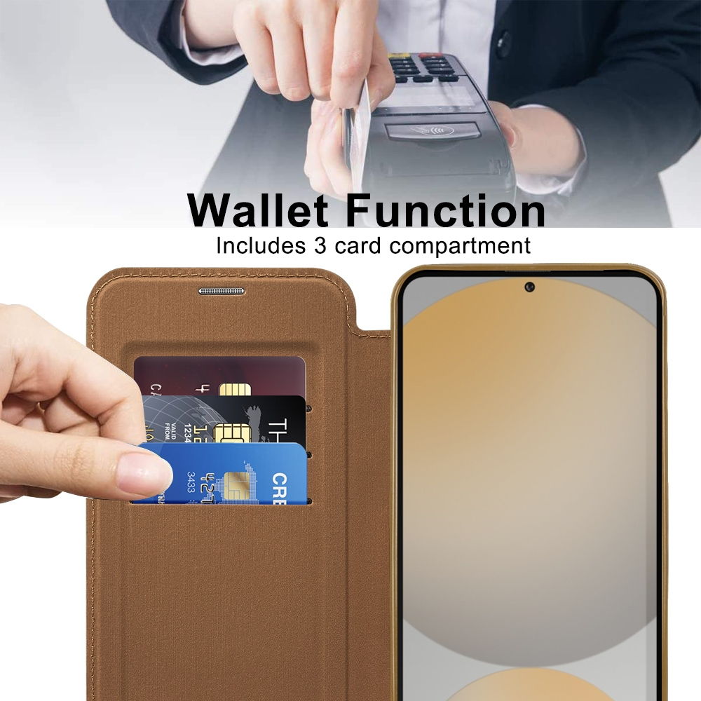 Braune Brieftasche mit 3 Kartenfächern und einem Smartphone daneben.