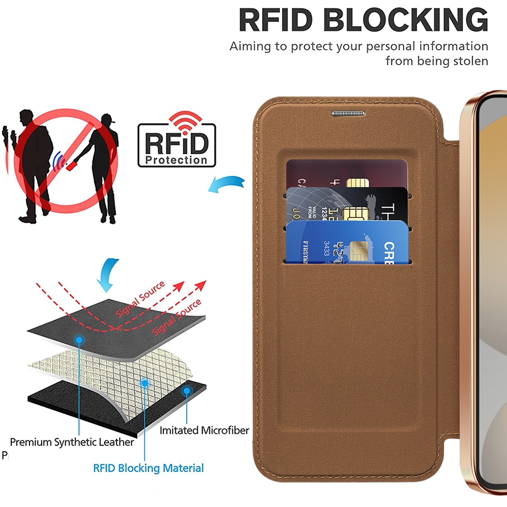 Braune RFID-Schutz-Wallet-Hülle mit eingesetzten Karten. Schichten zeigen Schutz.