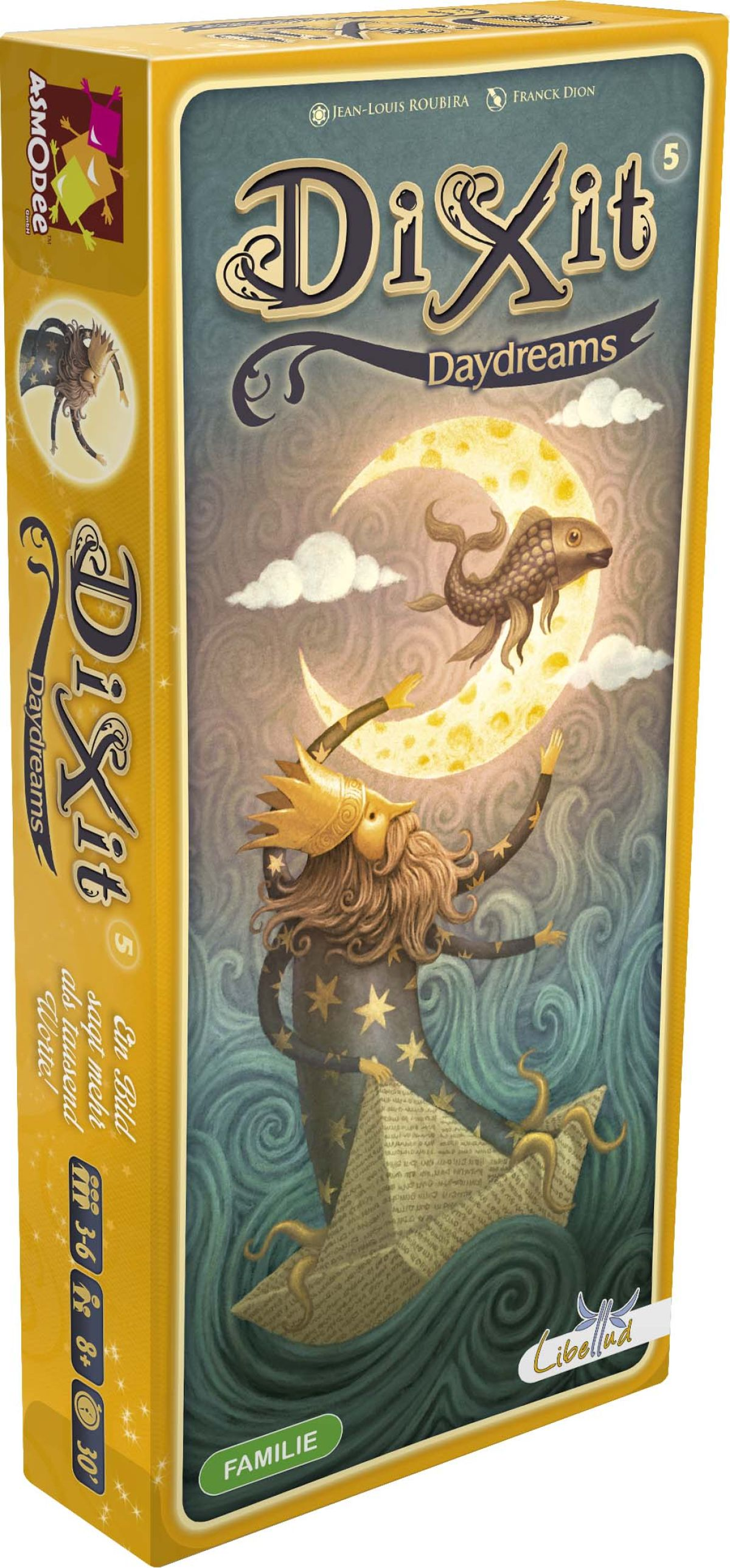 Dixit Daydreams Spielbox mit Fantasie-Mond, Fisch und Sternenmann.